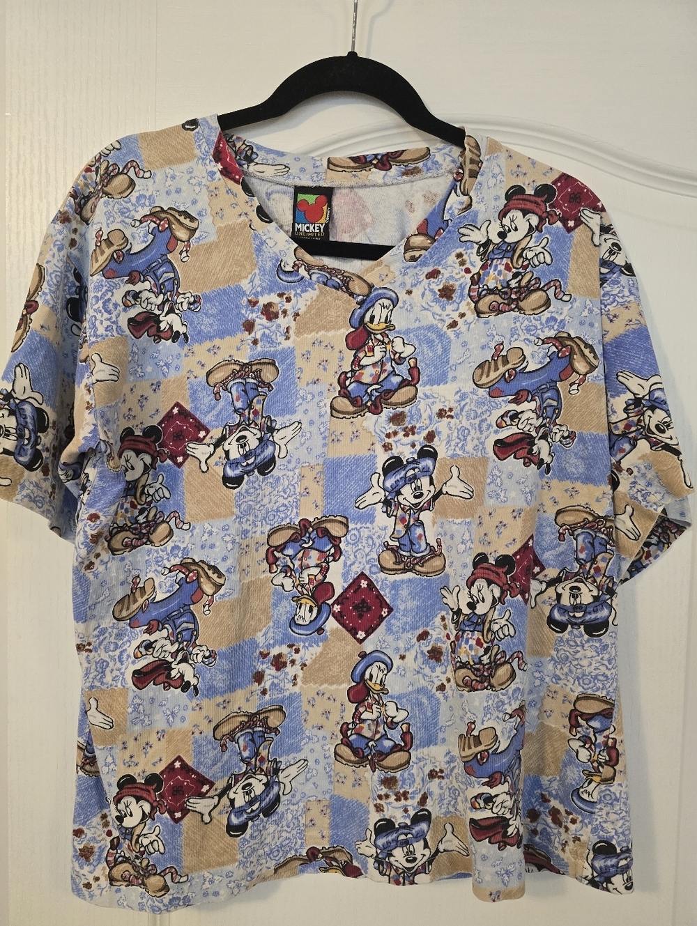 Vintage 90s Mickey Unlimited Multicolor AOP V Neck Tt Size Large Jerry Leigh